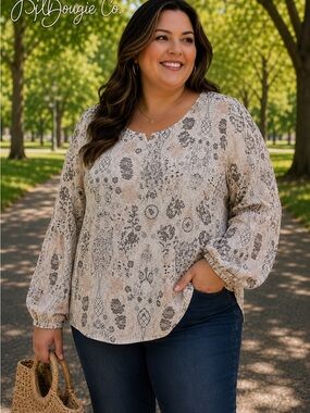 Violet & Claire Floral Print Long-Sleeve Peasant Blouse | Size L